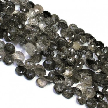 Natural Black Rutile Quartz Faceted Heart Briolettes Beads