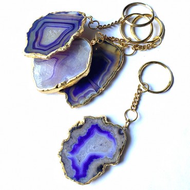 Blue Agate Slice Keychain with Metal Round Plated
