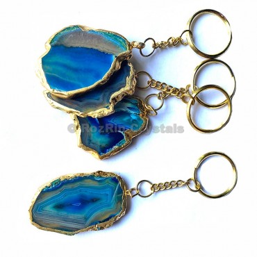 Peacock Green Agate Slice Keychain with Metal Round Plated