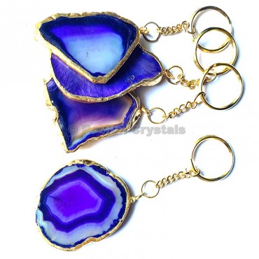 Dark Blue Agate Slice Keychain with Metal Round Plated