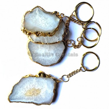 Quartz Agate Slice Keychain with Metal Round Plated