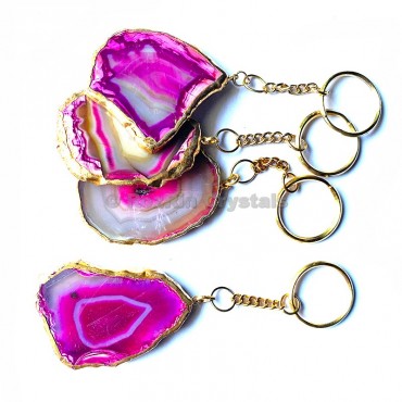 Pink Agate Slice Keychain with Metal Round Plated