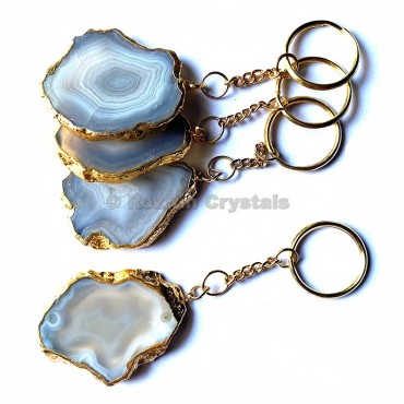 Grey Agate Slice Keychain with Metal Round Plated