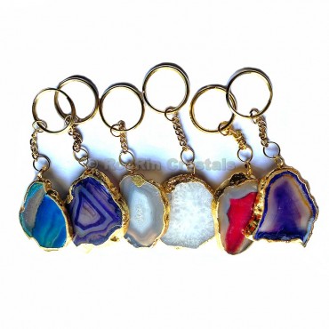 Mix Agate Slice Keychain with Metal Round Plated