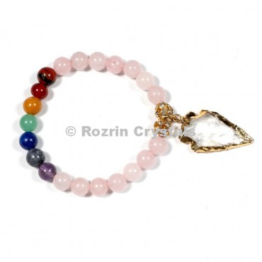 Rose Quartz 8 mm Chakra Bracelets With Electroplated Arrow