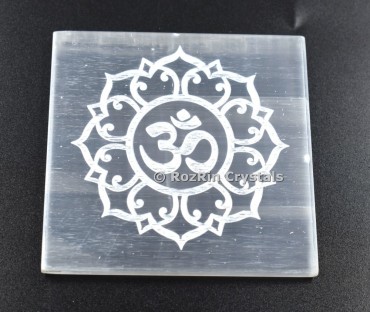 Selenite Om Carving Charging Plate